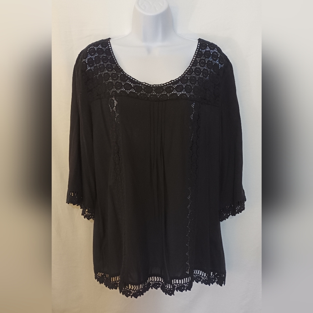 Solitaire By Ravi Khosla Black Intricate Trim Peasant Top Cotton Plus Size 1X